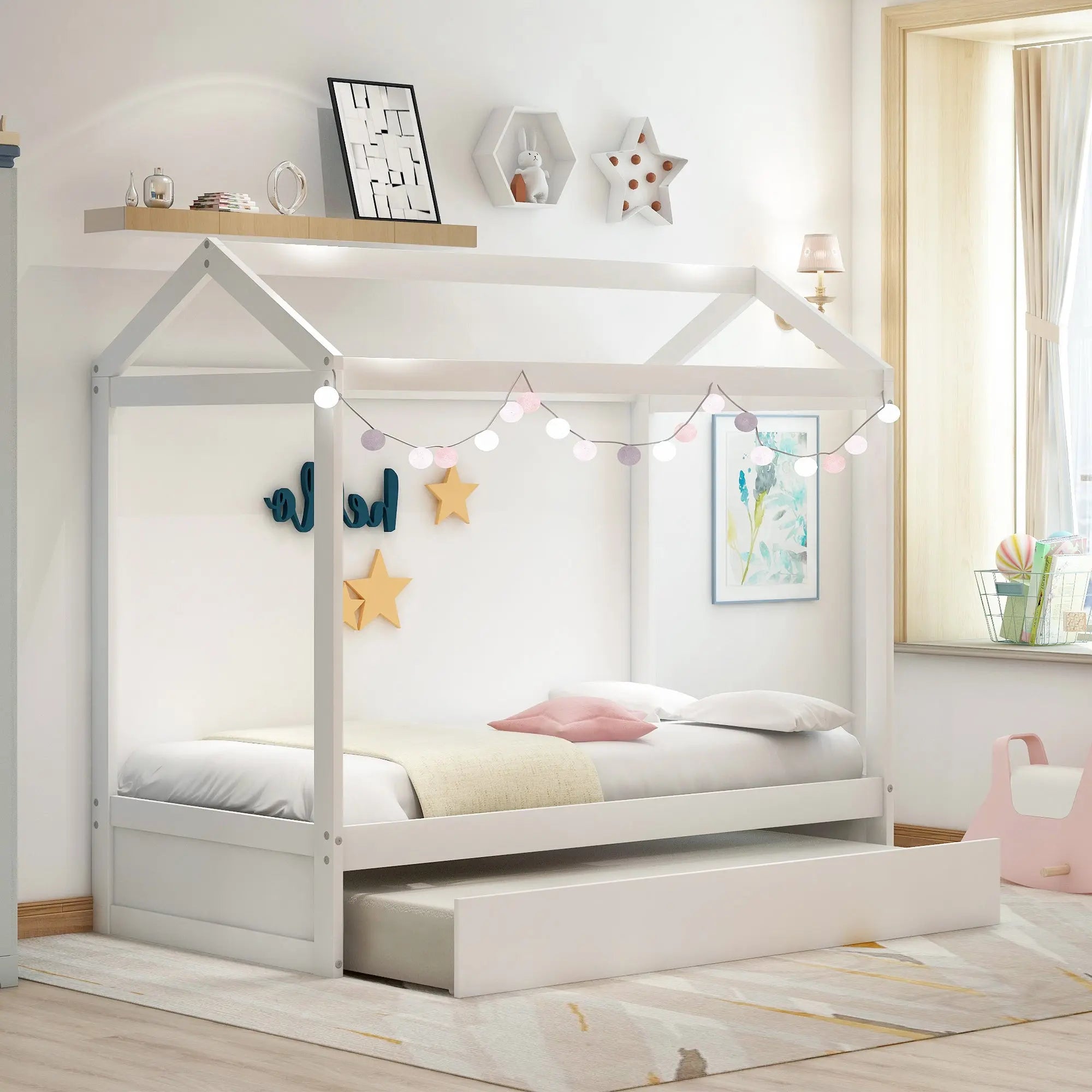 Bellemave® Wood House Bed with Trundle Bed
