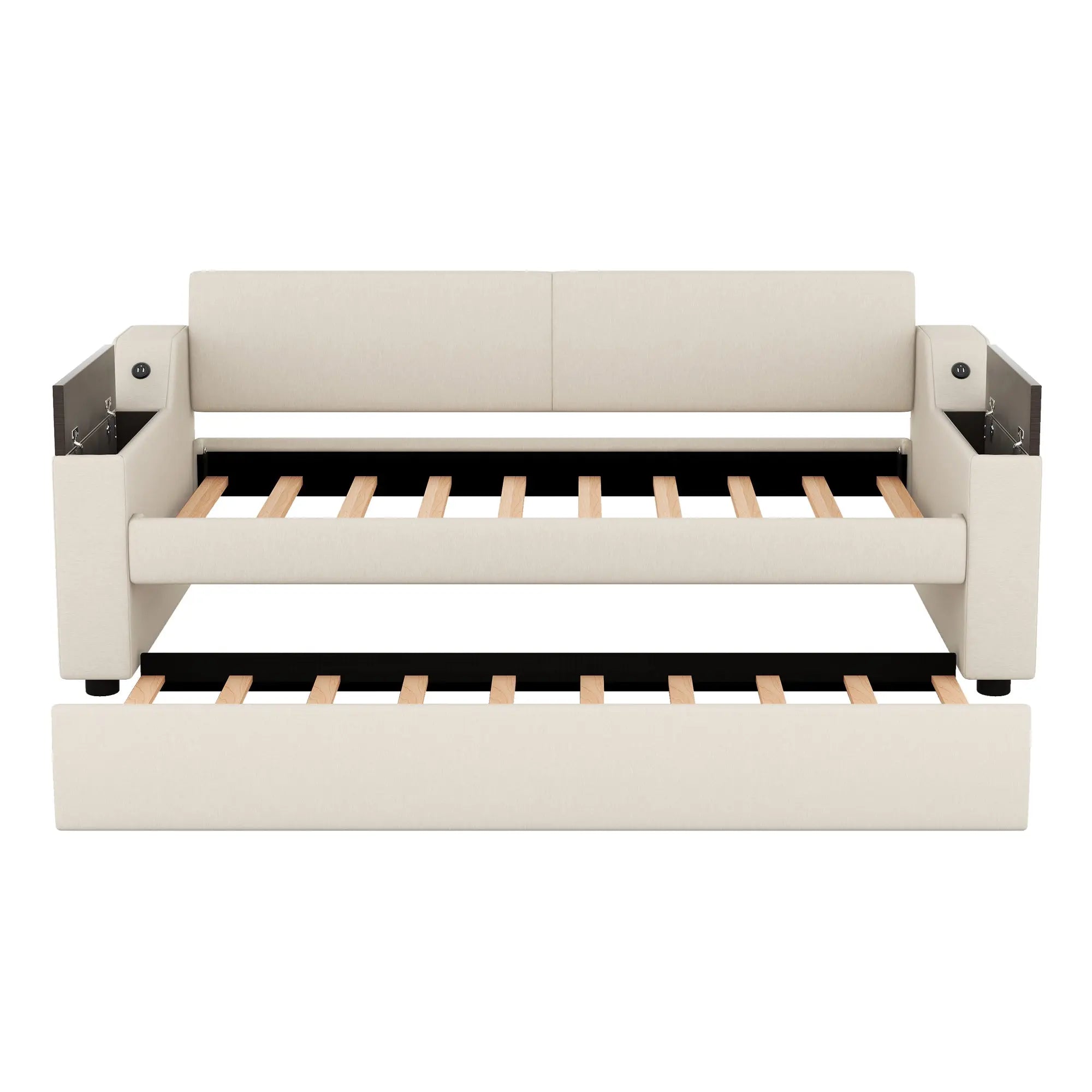 Bellemave® Twin Size Upholstery Daybed with Storage Arms, Trundle and USB Design Bellemave®