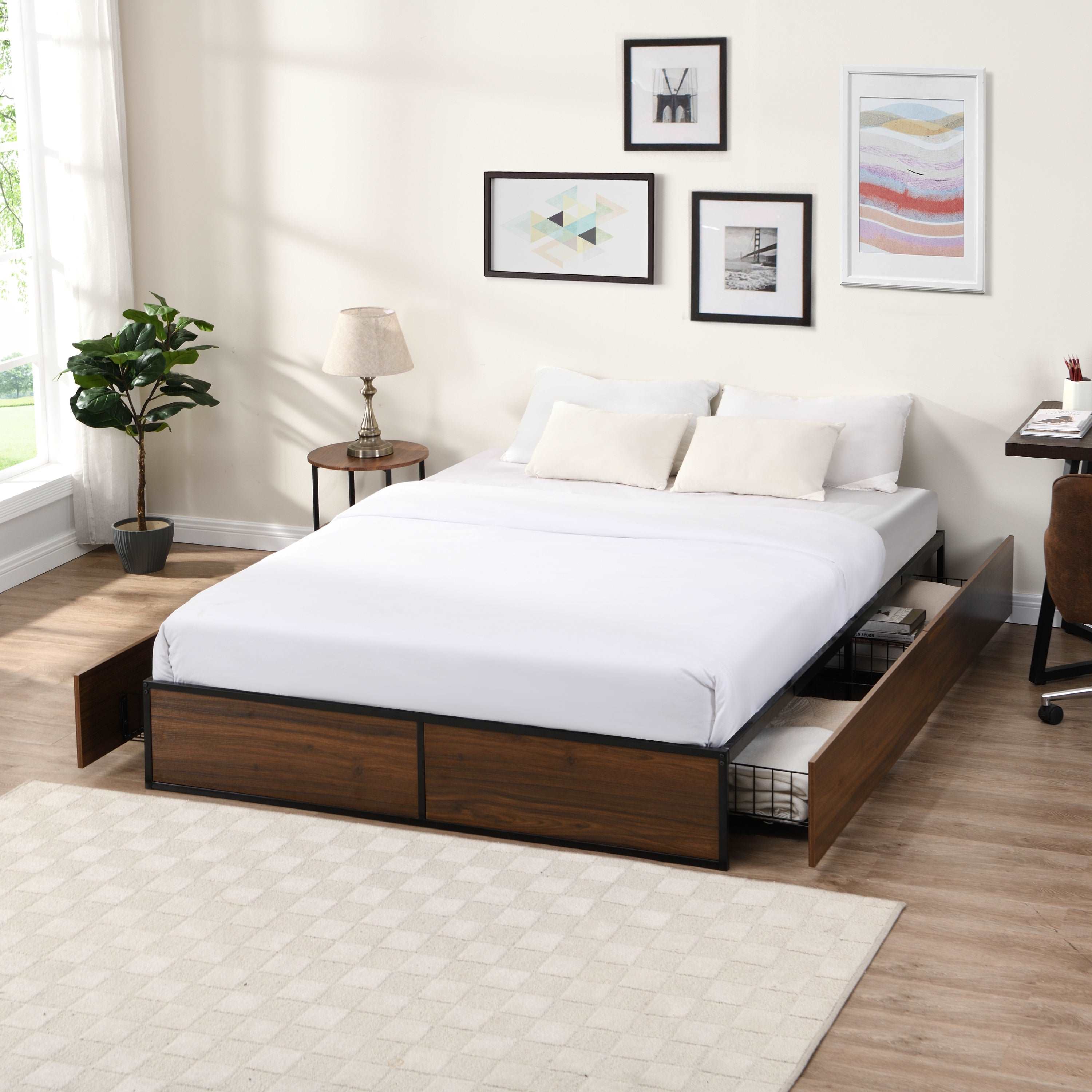 Bellemave Queen Size Platform Bed with 4 Extra Large Storage Drawers on Wheels, Mattress Foundation and 16 Strong Metal Slat Support