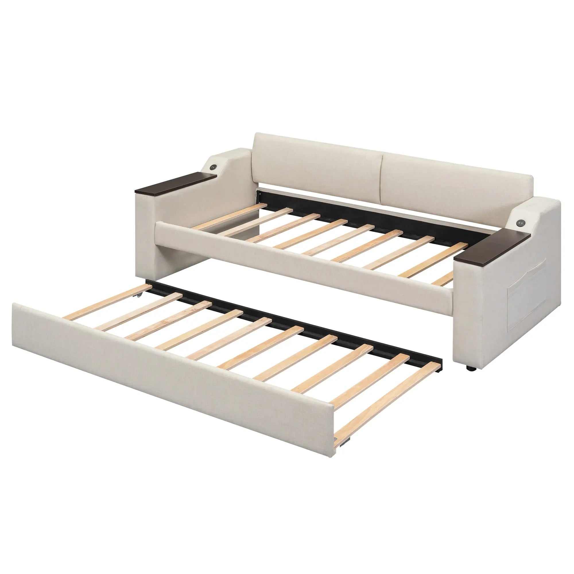 Bellemave® Twin Size Upholstery Daybed with Storage Arms, Trundle and USB Design Bellemave®