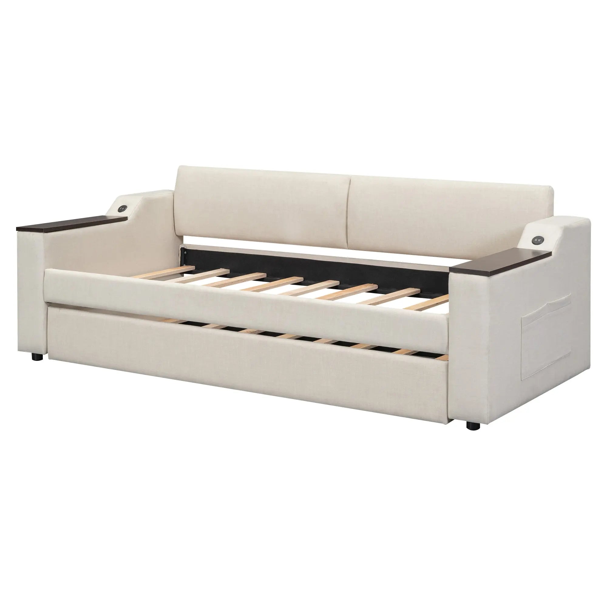 Bellemave® Twin Size Upholstery Daybed with Storage Arms, Trundle and USB Design Bellemave®