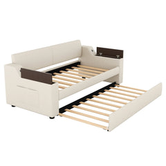 Bellemave® Twin Size Upholstery Daybed with Storage Arms, Trundle and USB Design Bellemave®