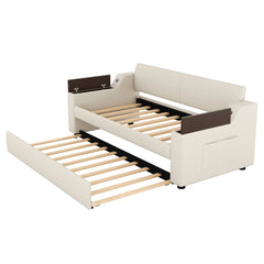 Bellemave® Twin Size Upholstery Daybed with Storage Arms, Trundle and USB Design Bellemave®