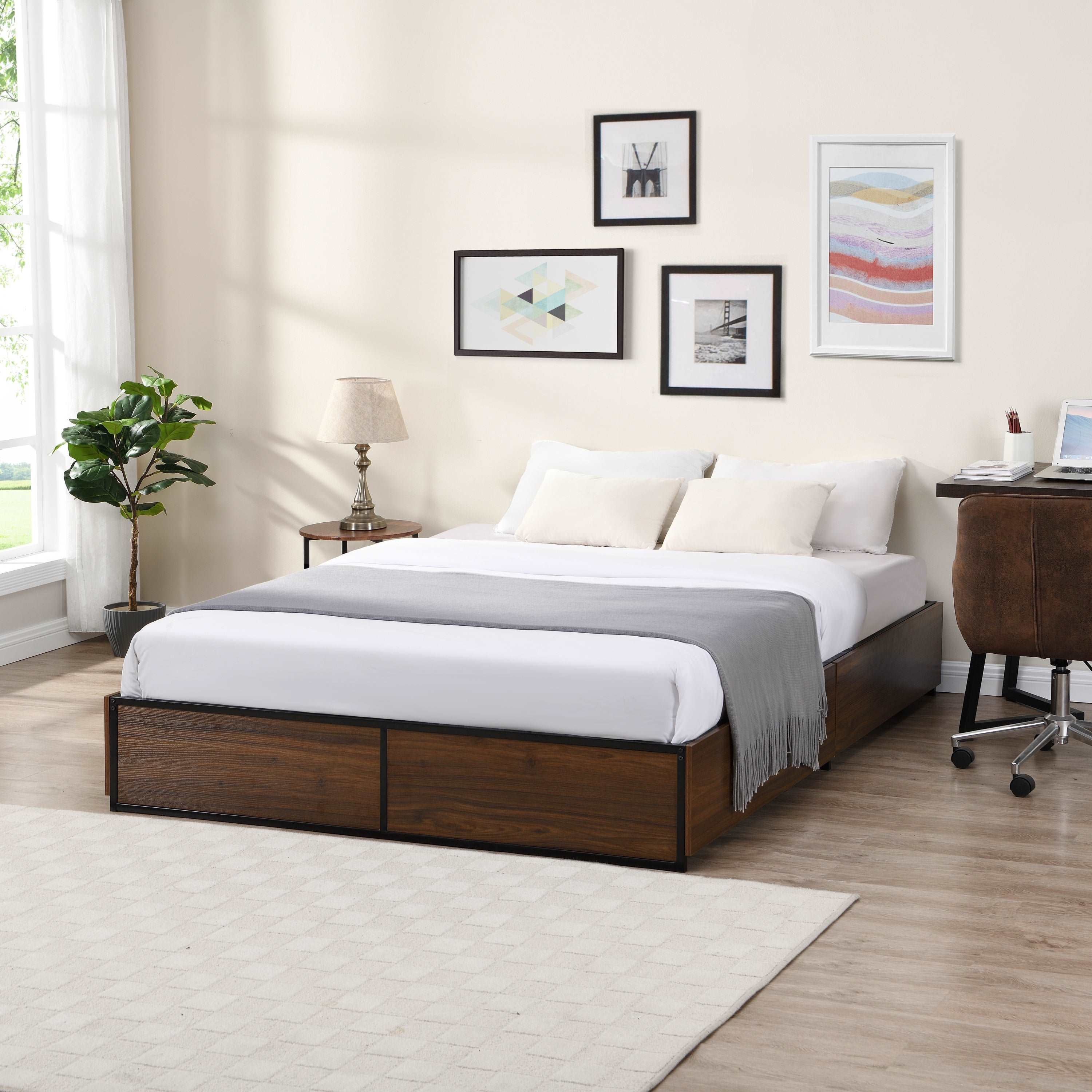 Bellemave Queen Size Platform Bed with 4 Extra Large Storage Drawers on Wheels, Mattress Foundation and 16 Strong Metal Slat Support