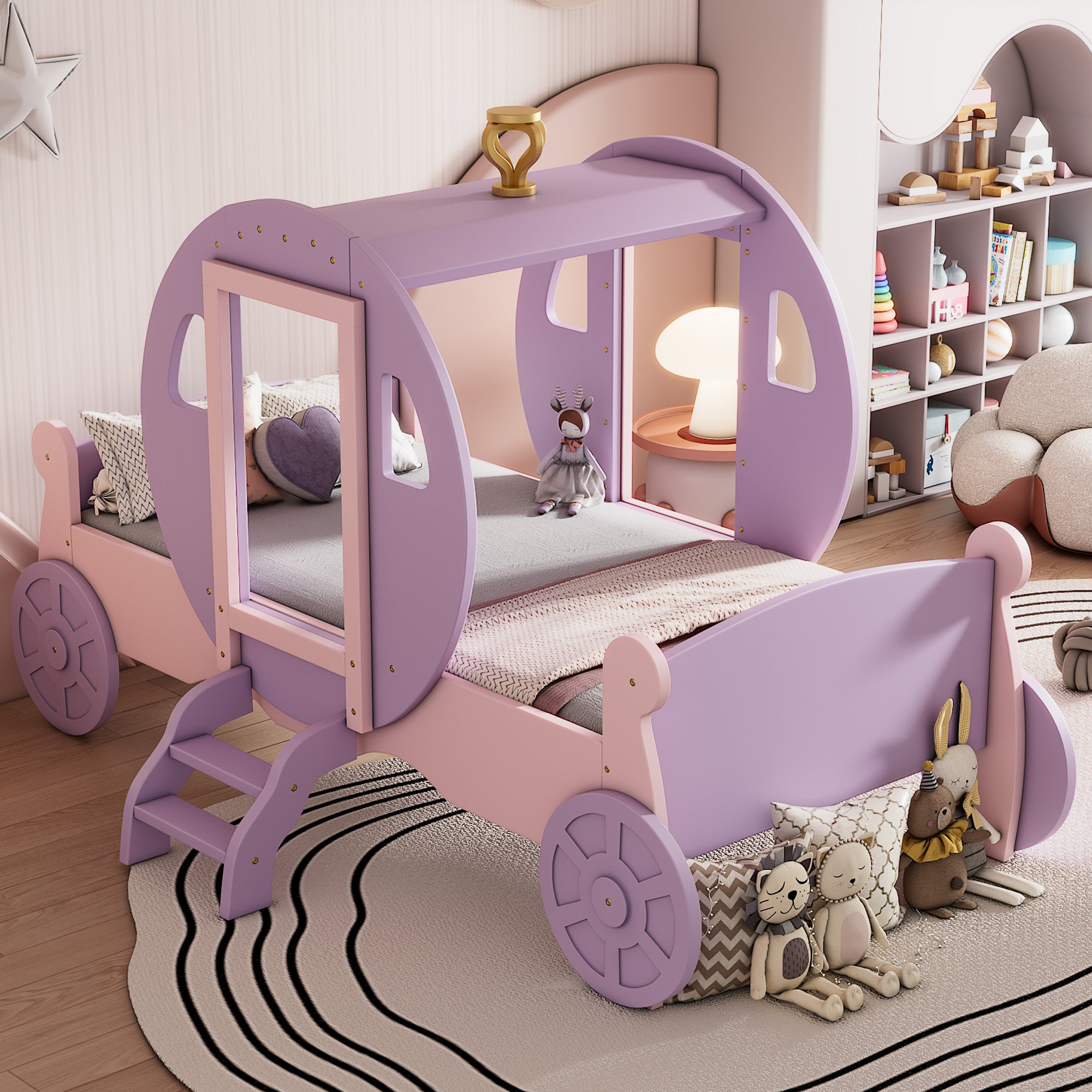 Twin size Wood Platform Car Bed with Stair,Princess Carriage Bed with Crown
