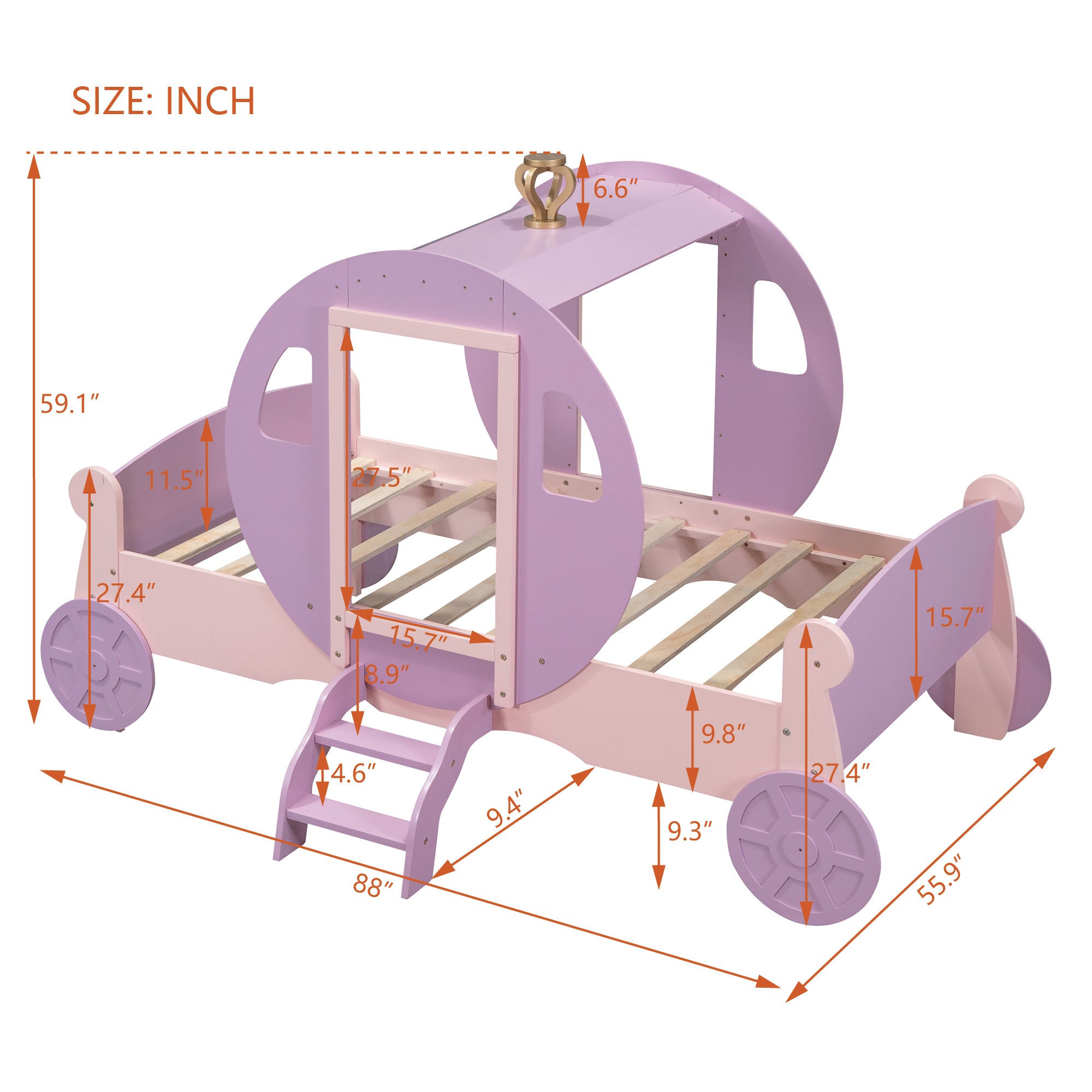 Twin size Wood Platform Car Bed with Stair,Princess Carriage Bed with Crown