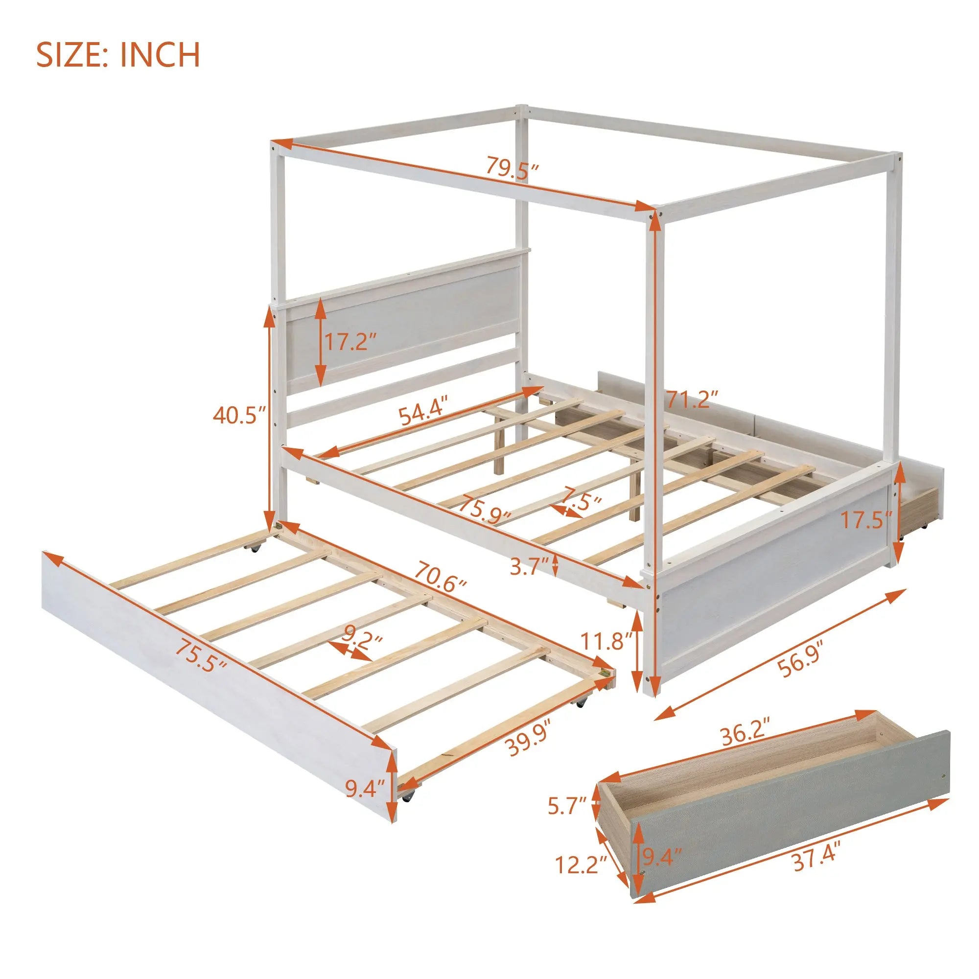 Bellemave® Full Size Wood Canopy Platform Bed with Trundle and two Drawers,with Support Slats Bellemave®