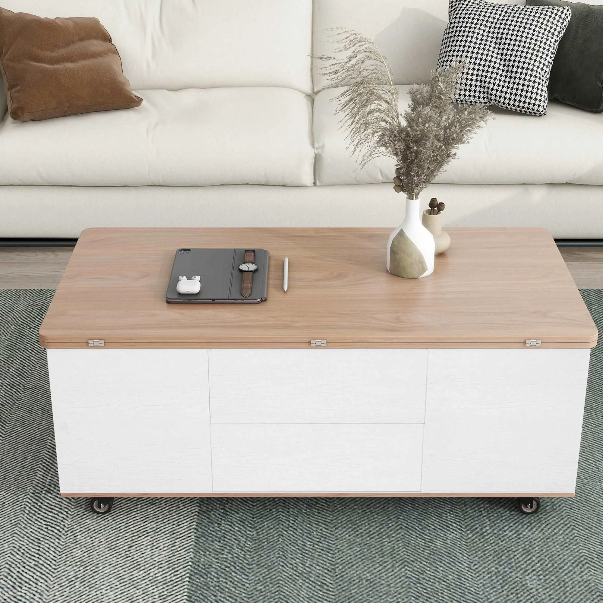 Bellemave 47.24" Modern Walnut & White Lift Top Coffee Table Multifunctional Table with Drawers & Shelves