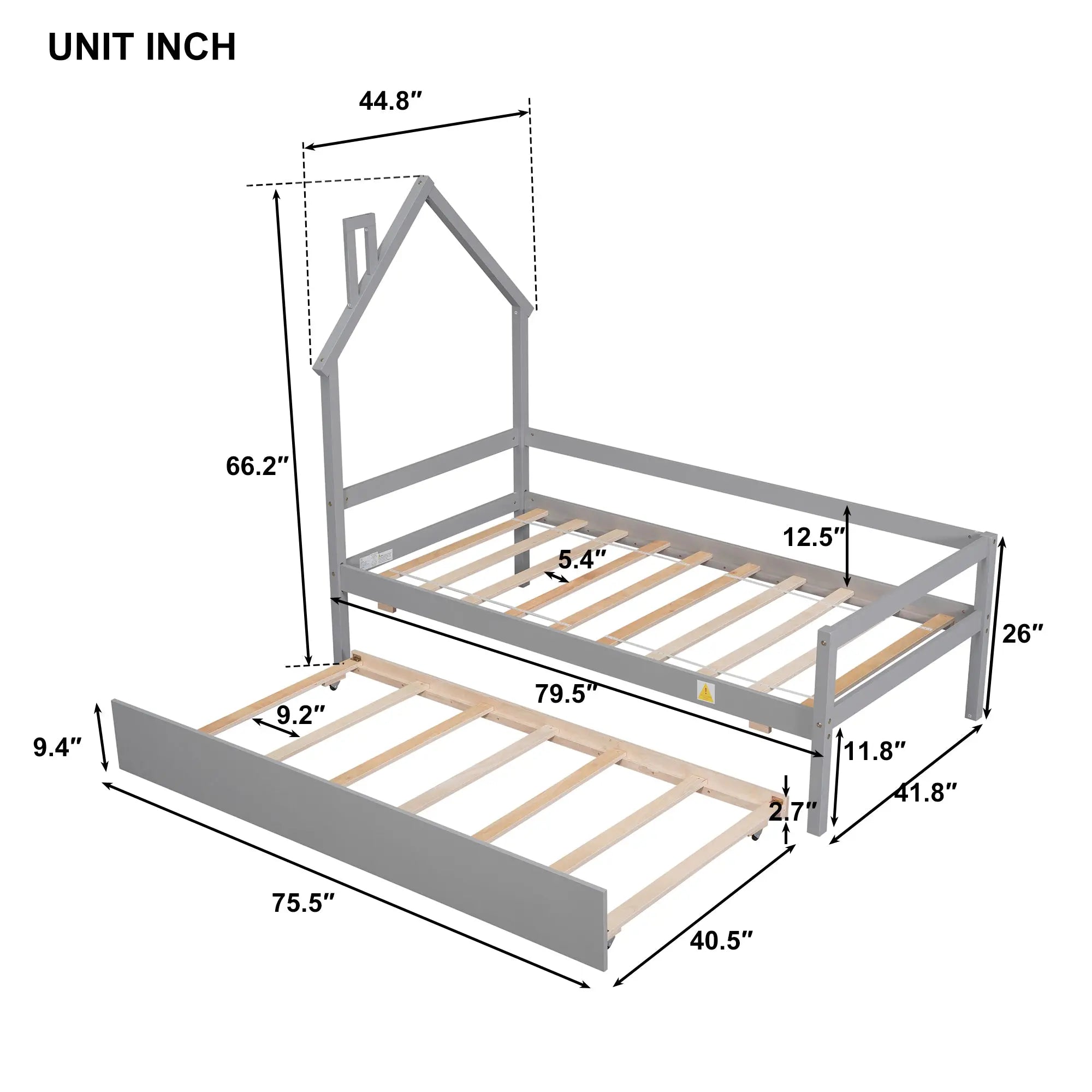 Bellemave® Twin Size Wooden House-Shaped Daybed with Trundle and Guardrails Bellemave®