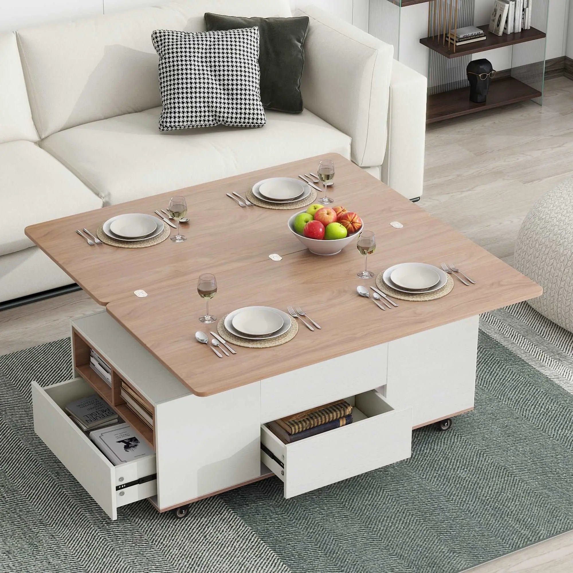 Bellemave 47.24" Modern Walnut & White Lift Top Coffee Table Multifunctional Table with Drawers & Shelves