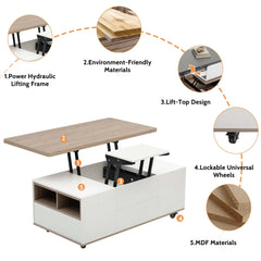 Bellemave 47.24" Modern Walnut & White Lift Top Coffee Table Multifunctional Table with Drawers & Shelves