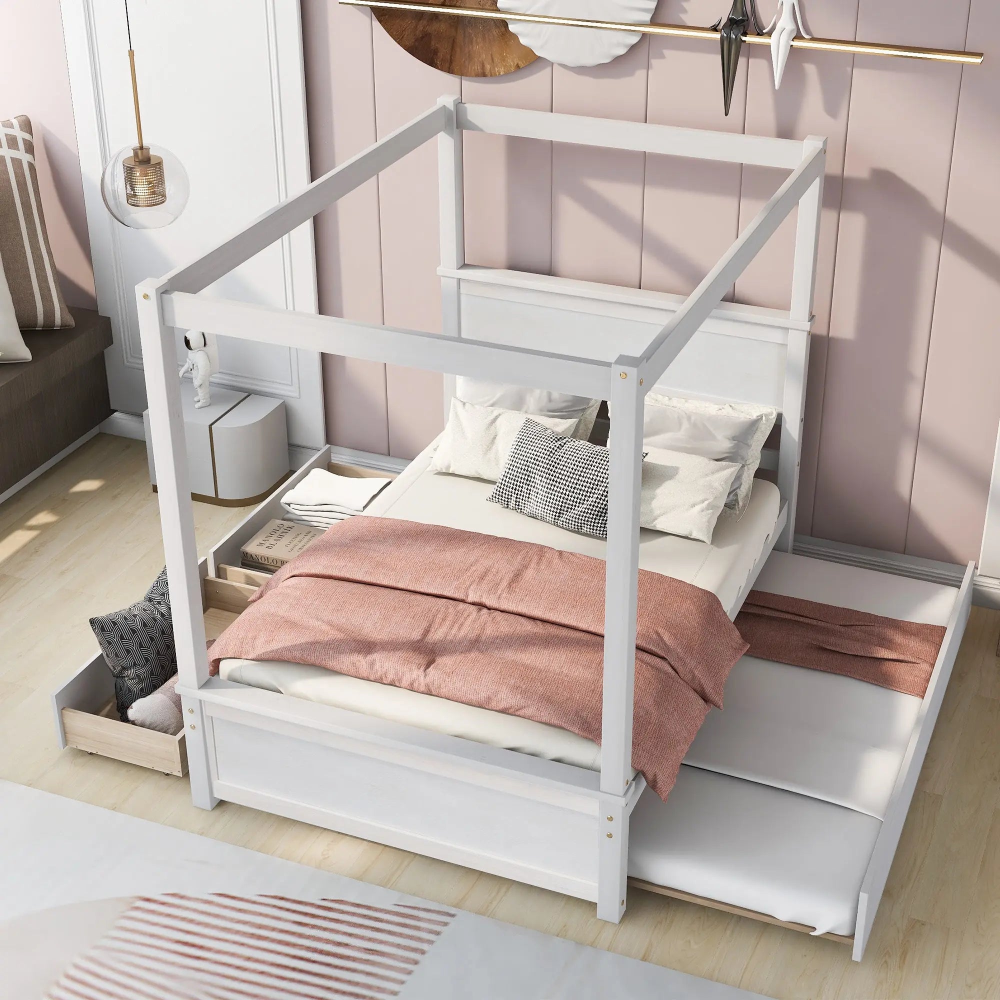 Bellemave® Full Size Wood Canopy Platform Bed with Trundle and two Drawers,with Support Slats Bellemave®