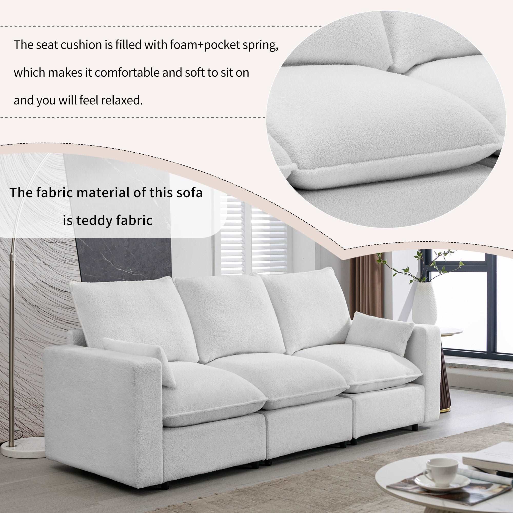 Bellemave 87.7" Teddy Fabric 3 Seat Sofa with Removable Back and Seat Cushions and 2 pillows