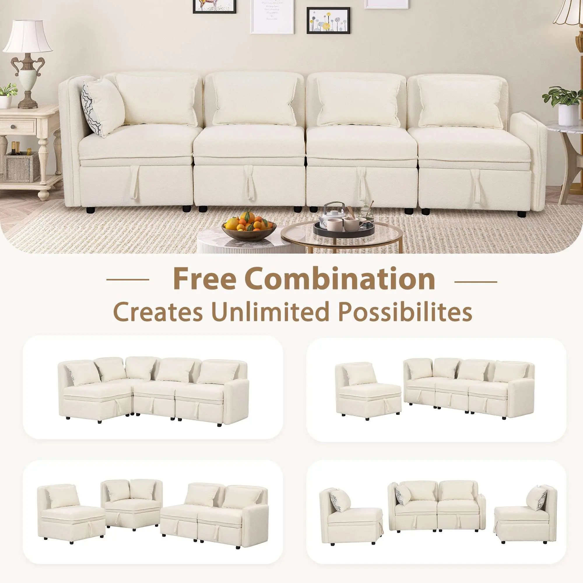 Bellemave 122.8" Chenille Fabric Sectional Sofa with 5 Pillows