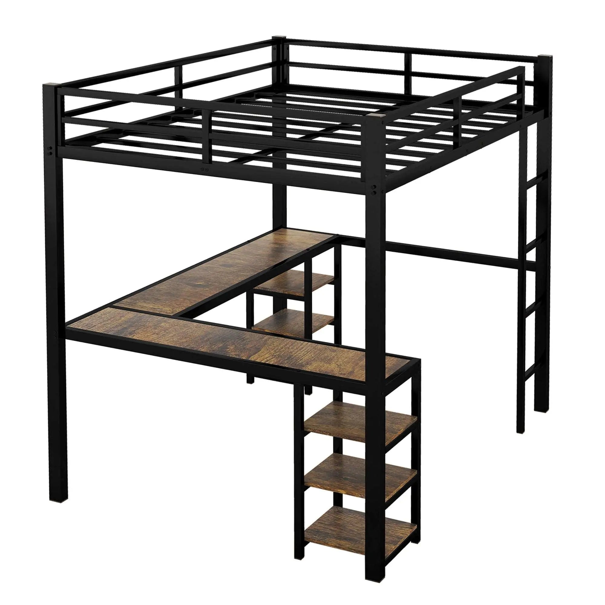 Bellemave® Metal Loft Bed with Desk and Shelves