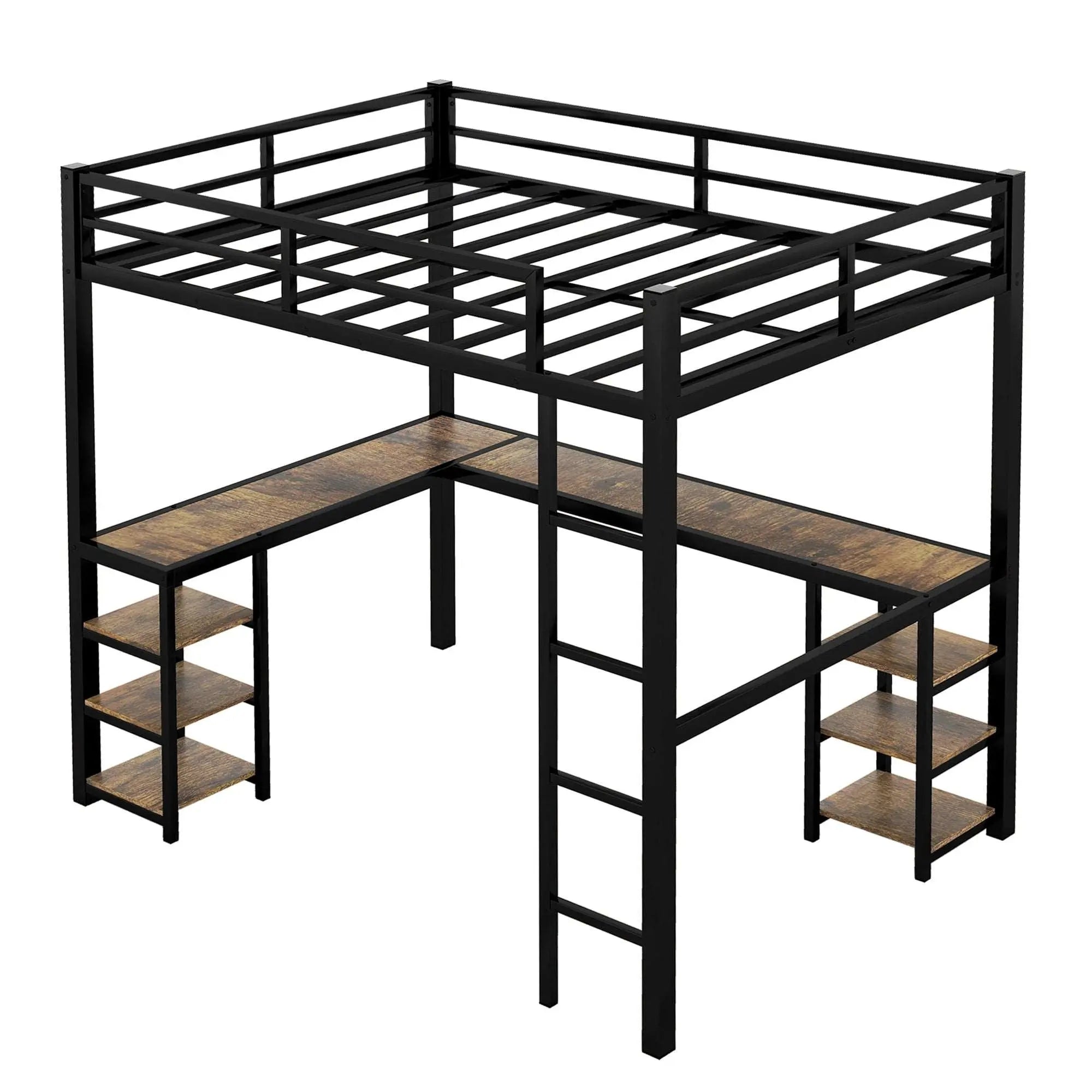 Bellemave® Metal Loft Bed with Desk and Shelves