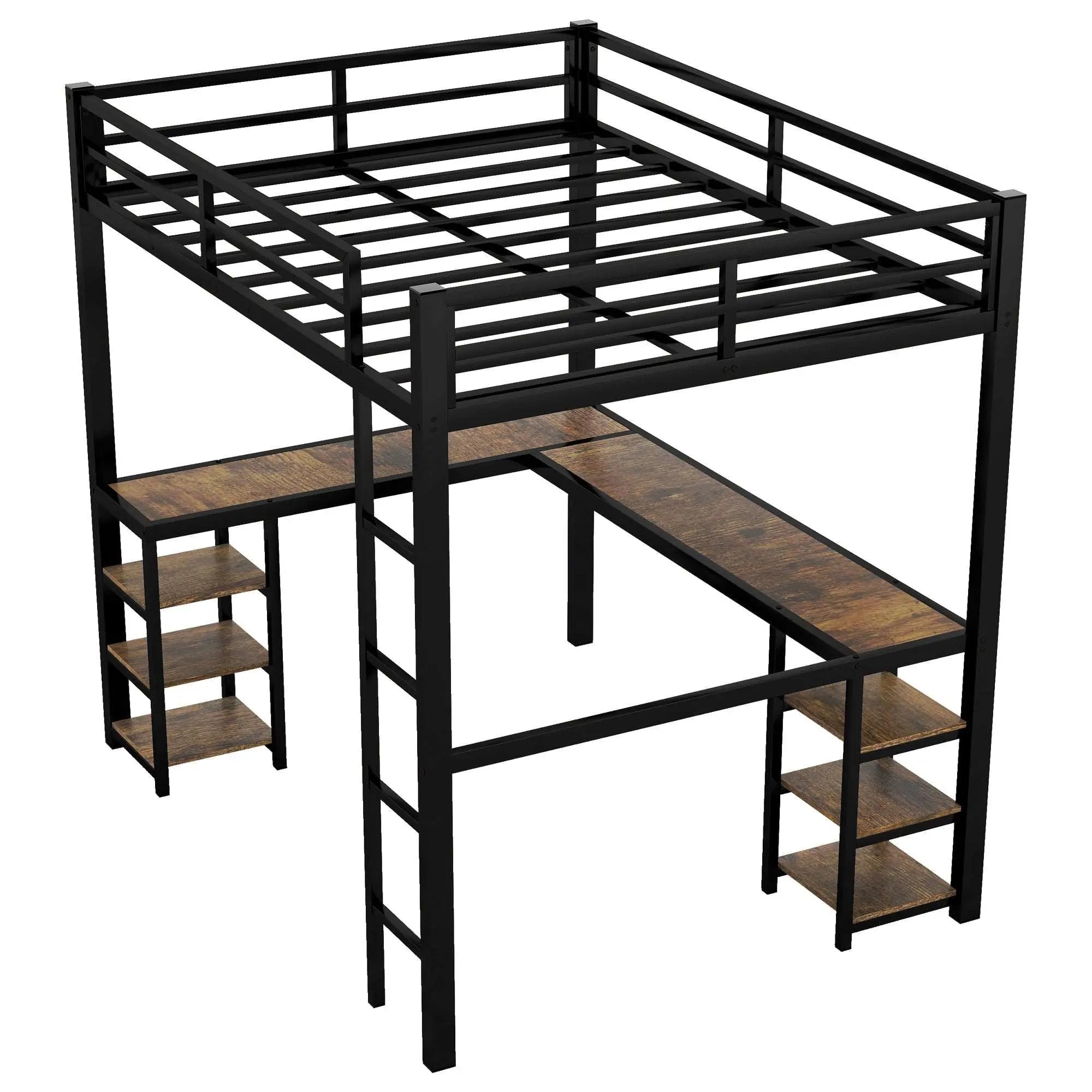 Bellemave® Metal Loft Bed with Desk and Shelves