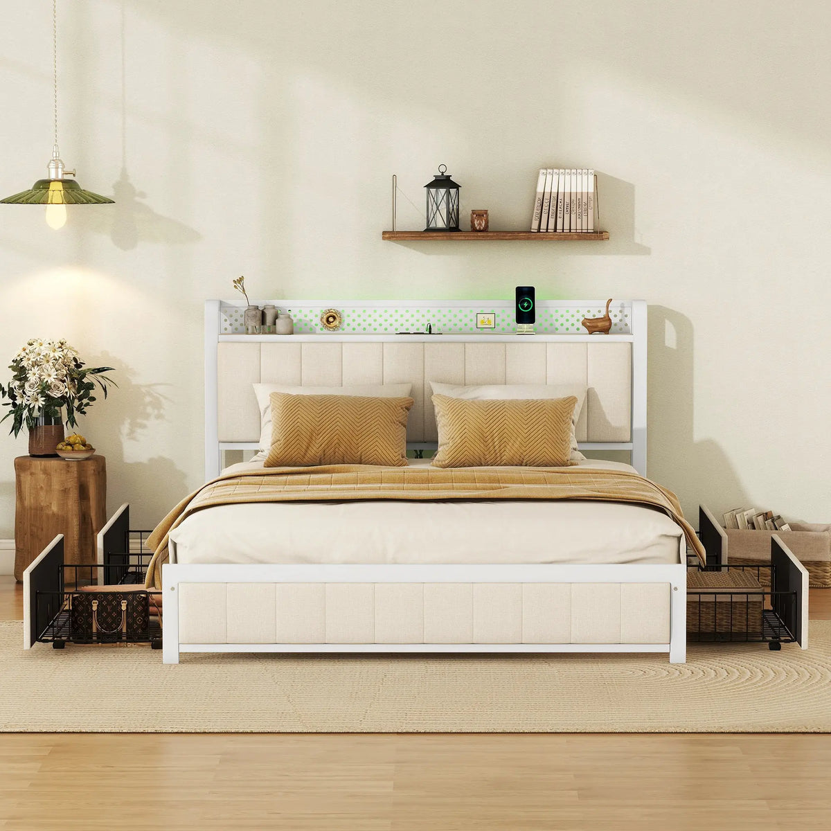 Bellemave® Queen Size Upholstered Platform Bed with LED Headboard,4 Storage Drawers and USB Ports Bellemave®