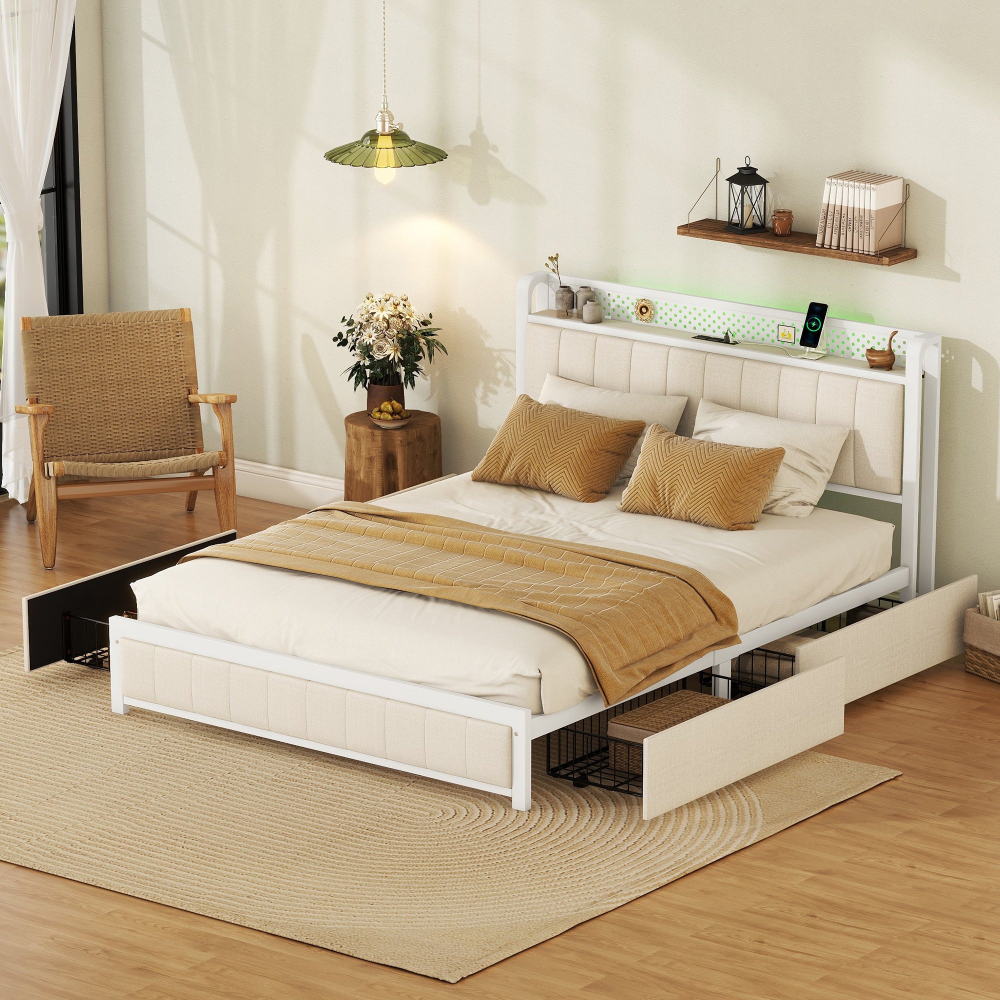 Bellemave Queen Size Upholstered Platform Bed with LED Headboard,4 Storage Drawers and USB Ports