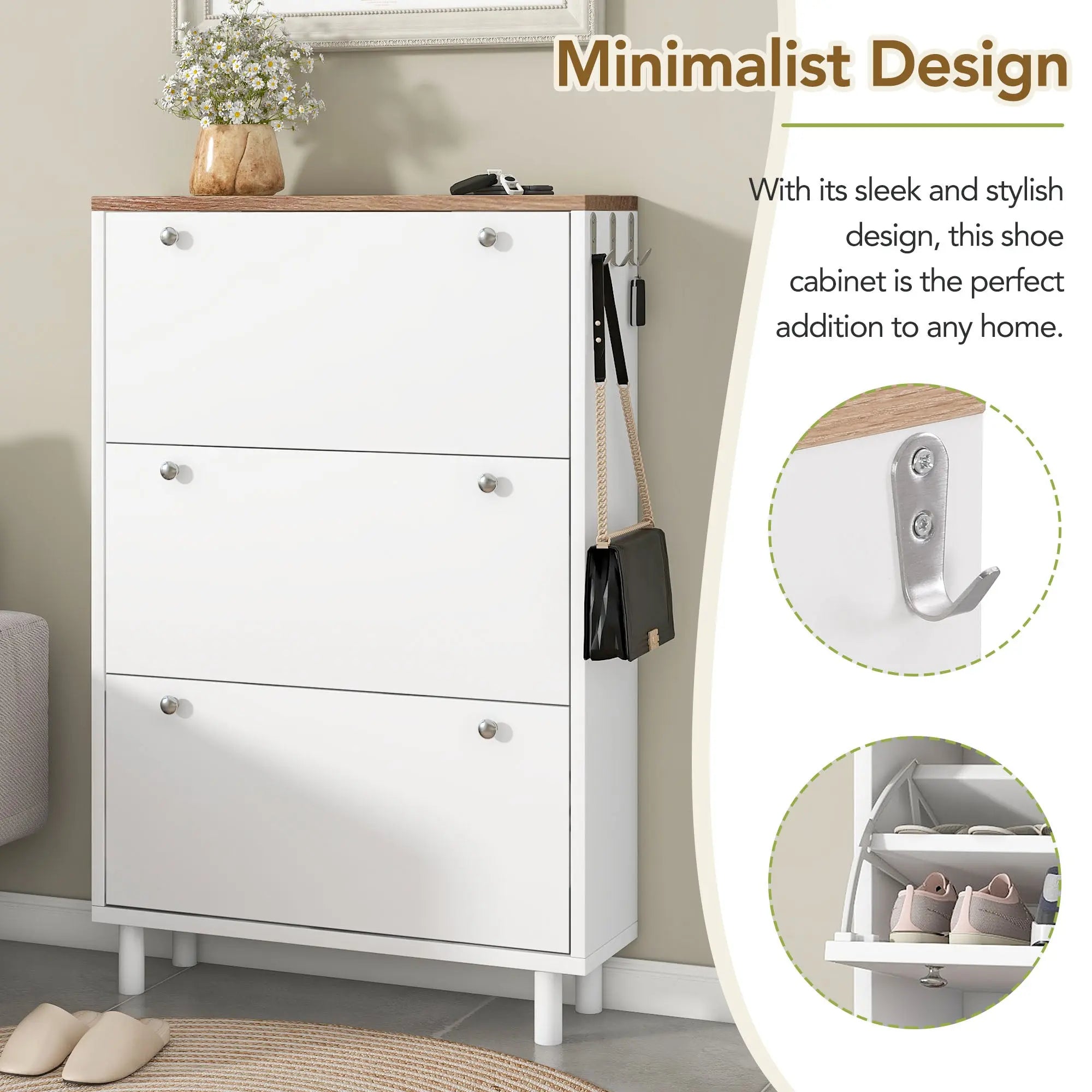 Bellemave® Narrow Design Shoe Cabinet with 3 Flip Drawers,3 Hooks and Adjustable Panel Bellemave®