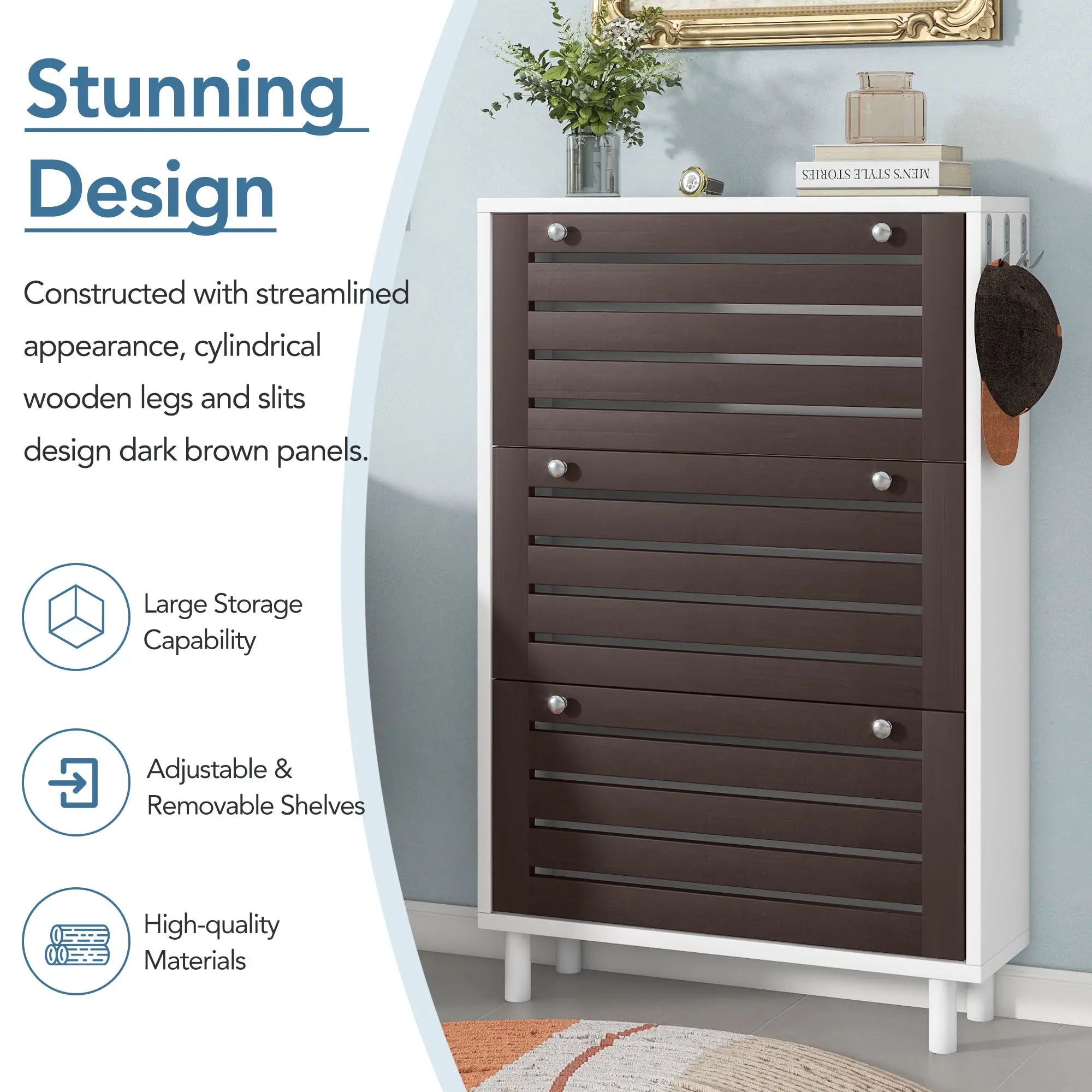 Bellemave® Minimalist Slim Shoe Cabinet with Hanging Hooks,3 Flip Drawers and Adjustable Panel Bellemave®