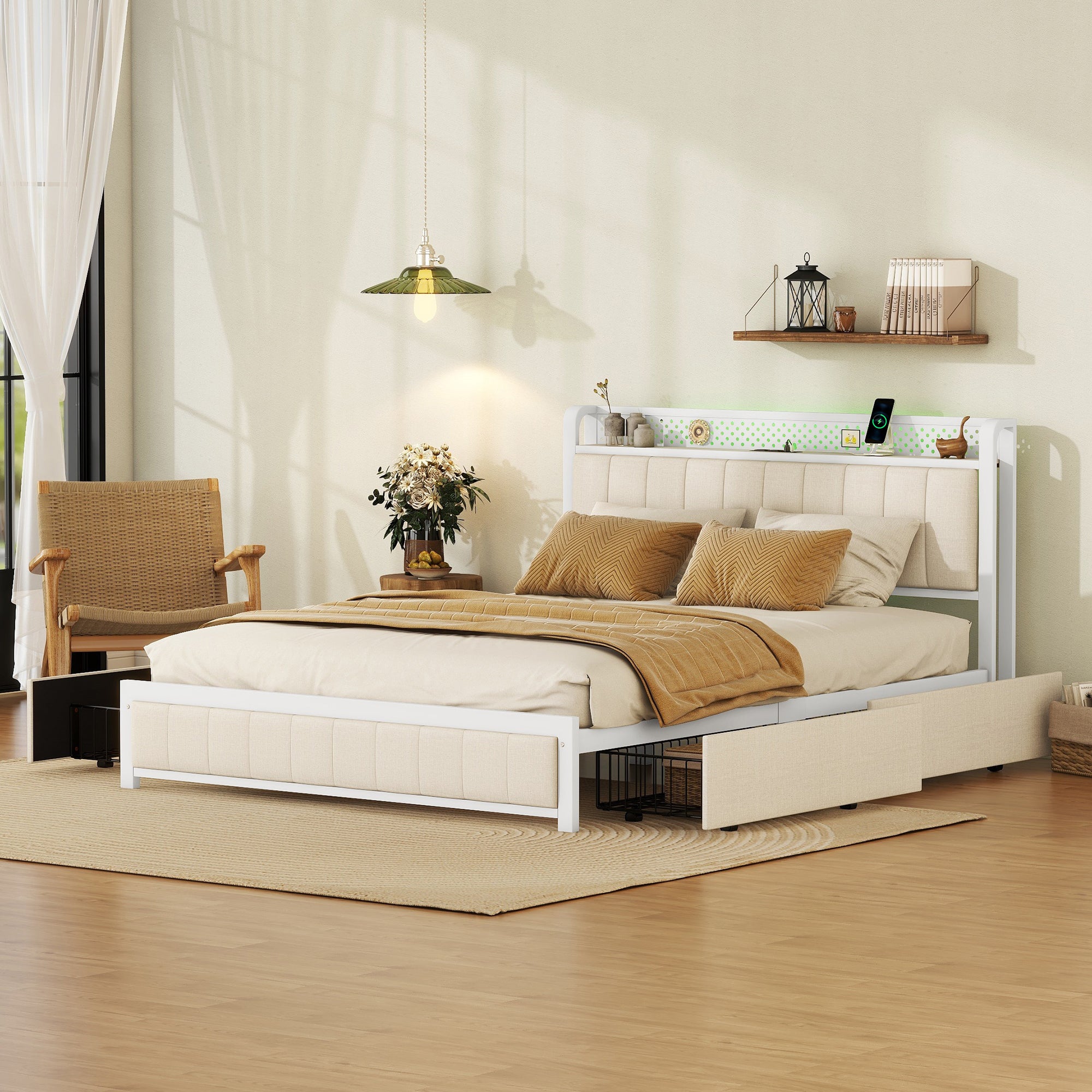 Bellemave Queen Size Upholstered Platform Bed with LED Headboard,4 Storage Drawers and USB Ports