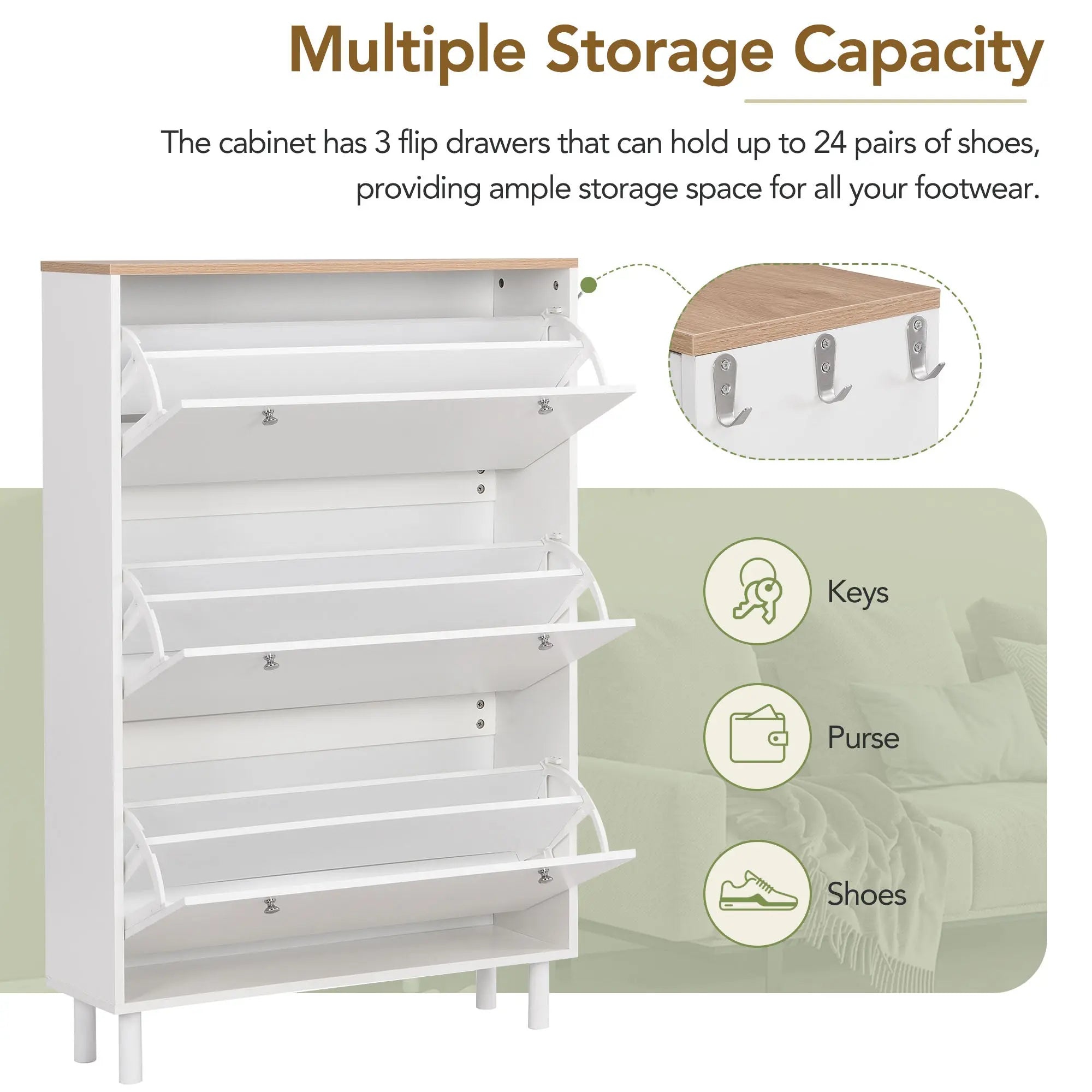 Bellemave® Narrow Design Shoe Cabinet with 3 Flip Drawers,3 Hooks and Adjustable Panel Bellemave®