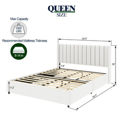 Bellemave® Queen Size Ivory Upholstered Platform Bed with Patented 4 Drawers Storage, Tufted Headboard and Wooden Slat Support Bellemave®