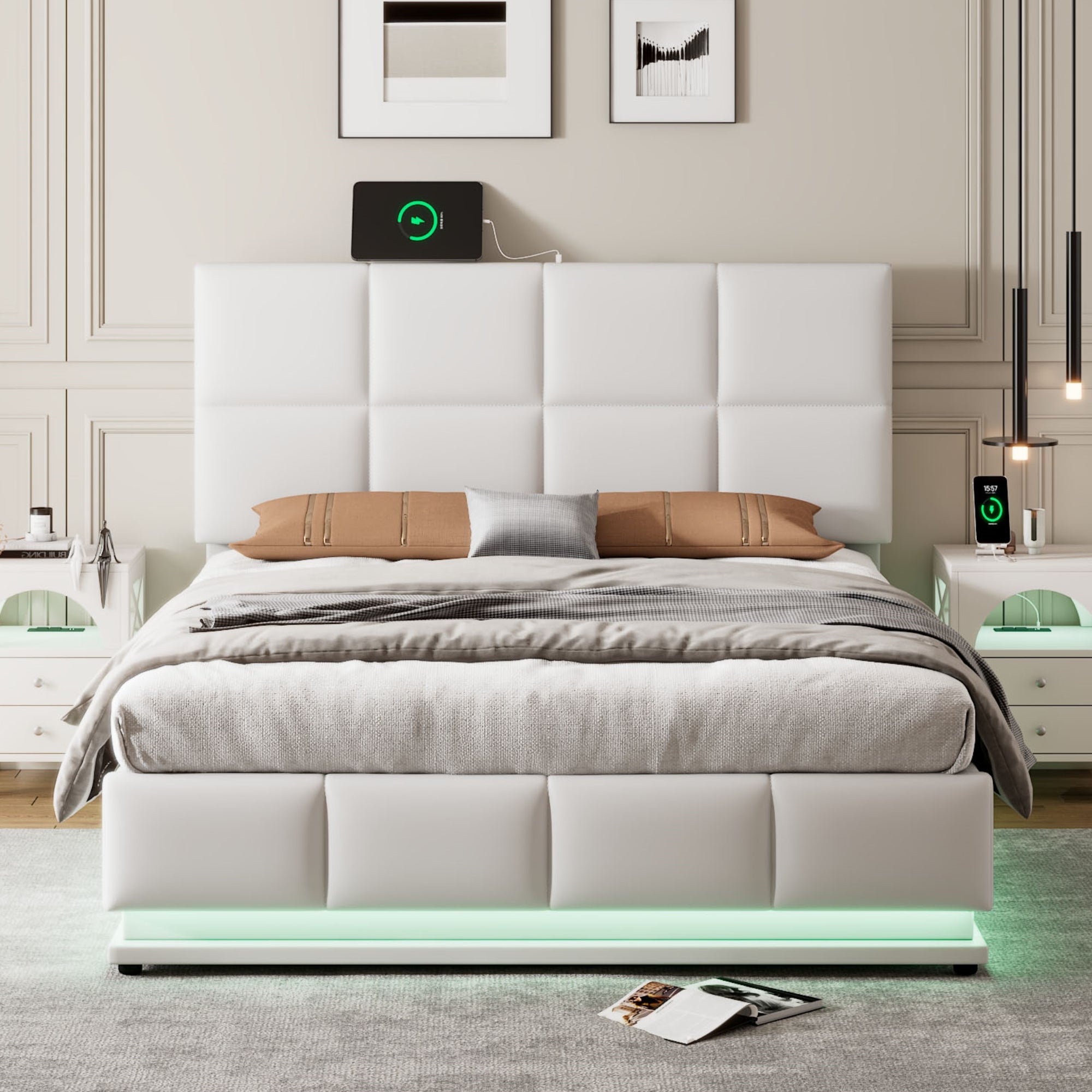 Bellemave Tufted Upholstered Platform Bed with Hydraulic Storage System,PU Storage Bed with LED Lights and USB charger