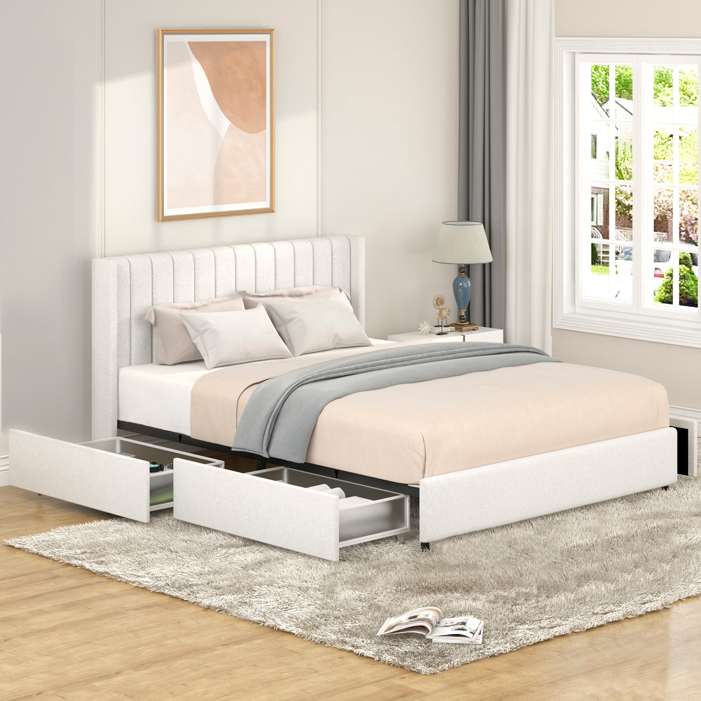 Bellemave® Queen Size Ivory Upholstered Platform Bed with Patented 4 Drawers Storage, Tufted Headboard and Wooden Slat Support Bellemave®