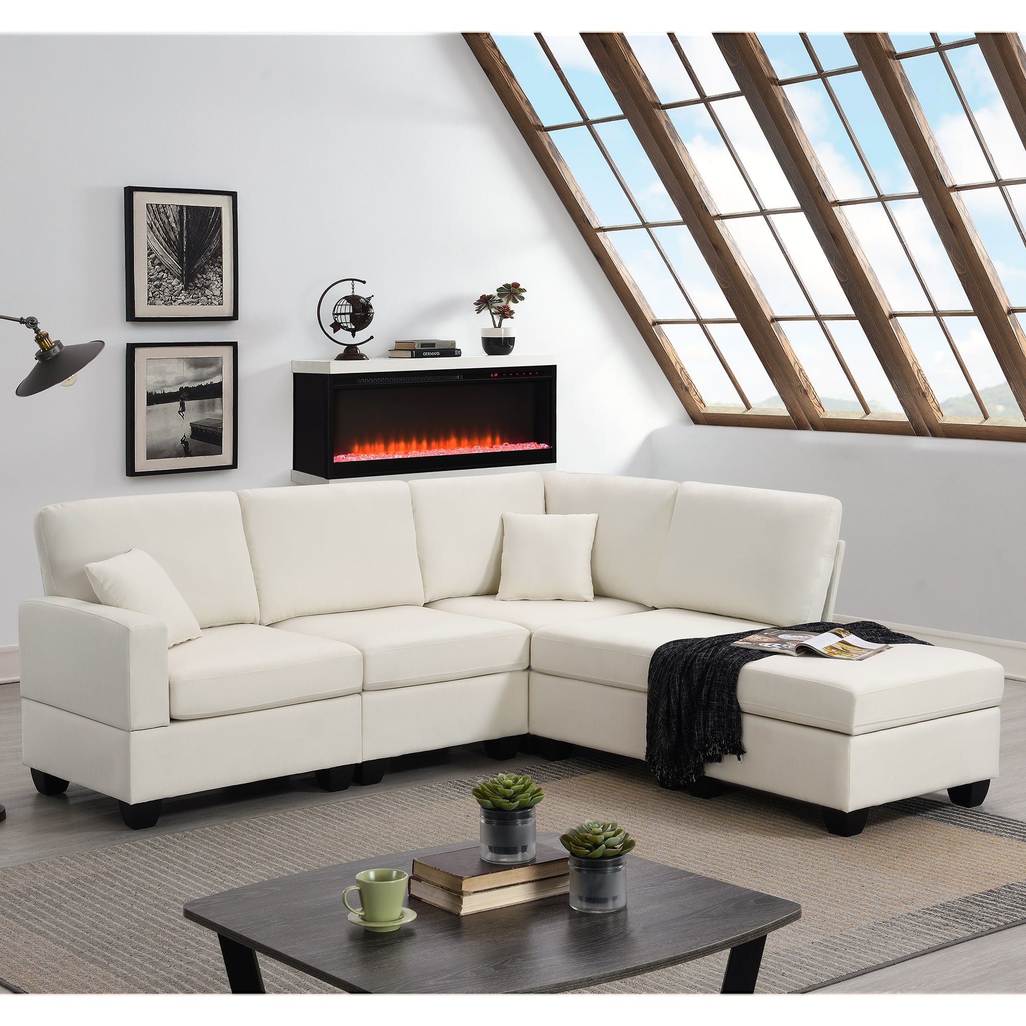 Bellemave 90" Modern L-Shape Sectional Sofa,5-Seat Modular Couch Set with Convertible Ottoman and 2 Pillows