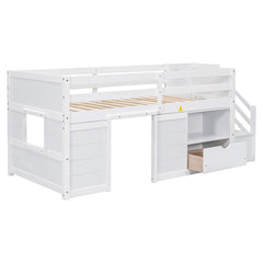 Bellemave® Twin Size Low Loft Bed with Stair, Drawer and Shelf, Built-In Space Under Bed