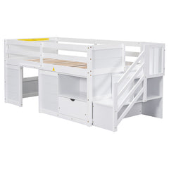 Bellemave® Twin Size Low Loft Bed with Stair, Drawer and Shelf, Built-In Space Under Bed