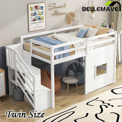 Bellemave® Twin Size Low Loft Bed with Storage Staircase and Window