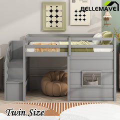 Bellemave® Twin Size Low Loft Bed with Storage Staircase and Window