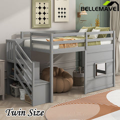 Bellemave® Twin Size Low Loft Bed with Storage Staircase and Window