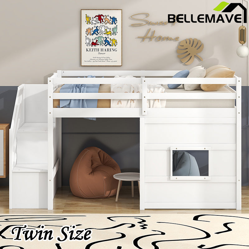 Bellemave® Twin Size Low Loft Bed with Storage Staircase and Window