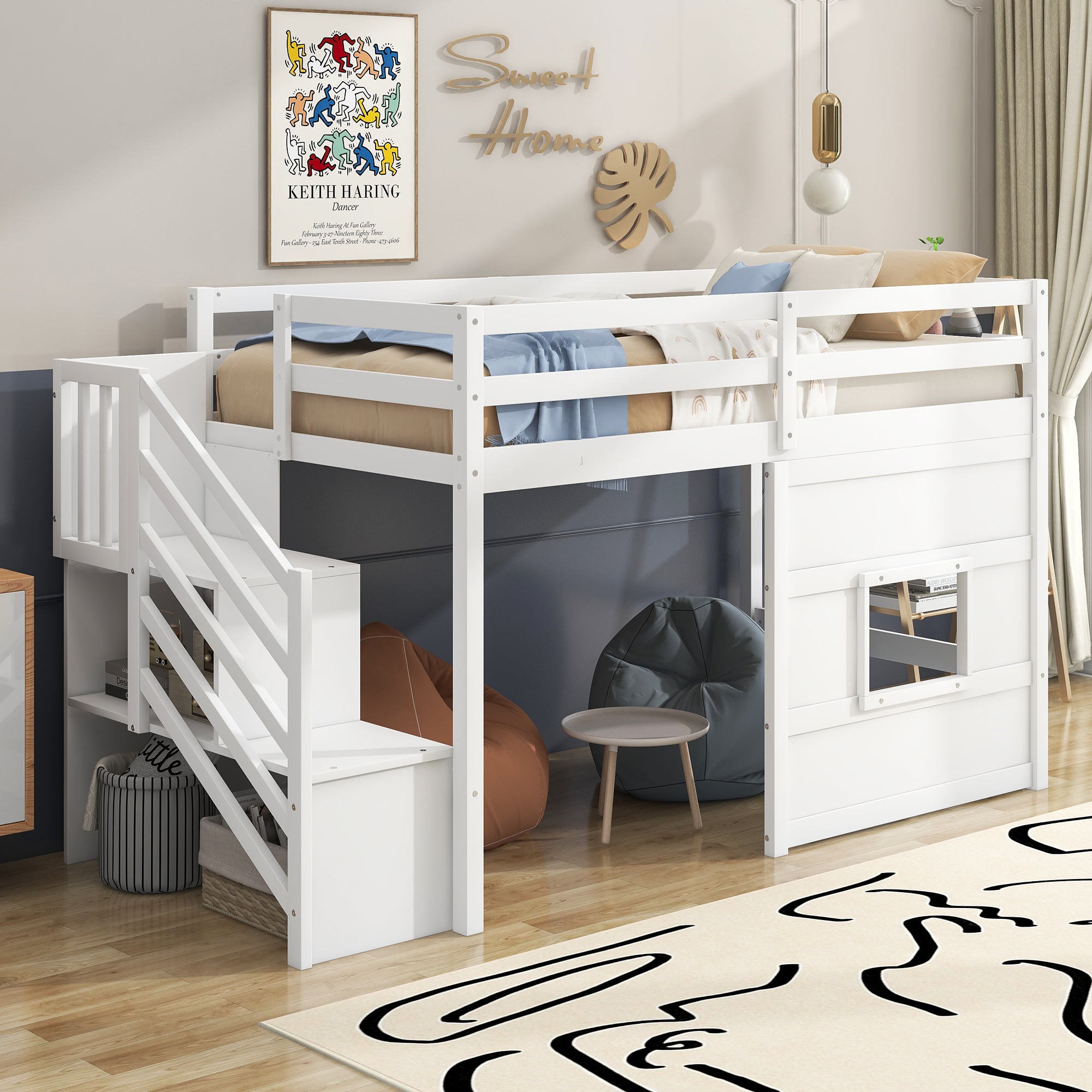 Bellemave Twin Size Loft Bed with Storage Staircase and Window