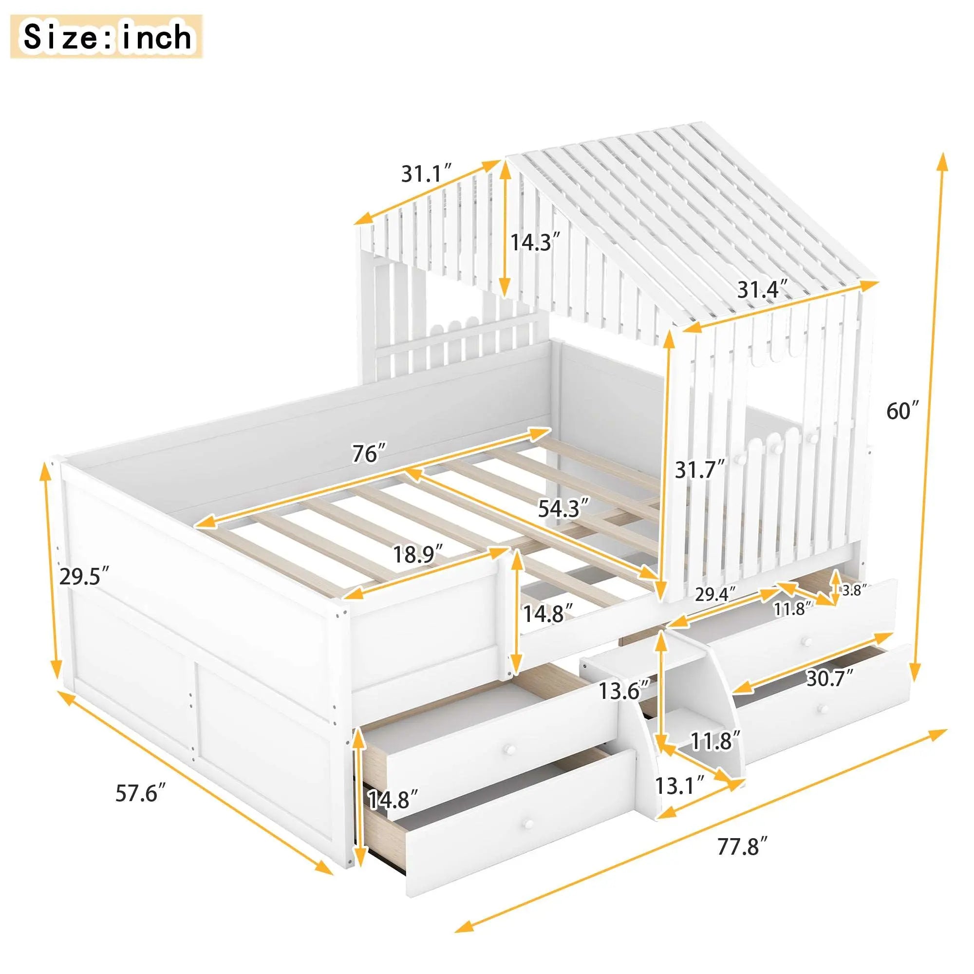 Bellemave® Full Size House Low Loft Bed with 4 Drawers