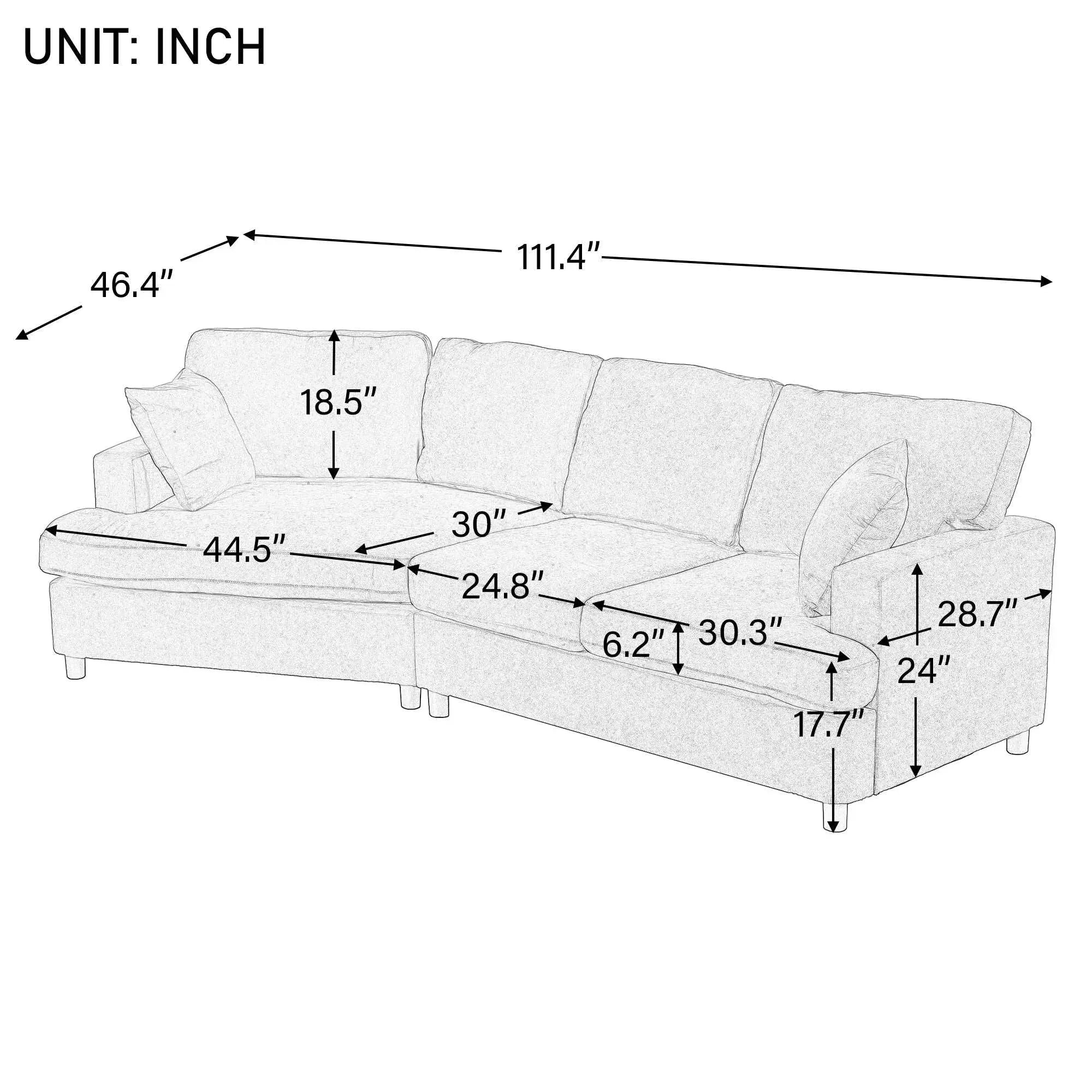 Bellemave 111.4" 3 Seat Streamlined Sofa with Removable Back and Seat Cushions and 2 pillows