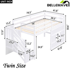 Bellemave® Twin Size Loft Bed with Storage Staircase and Window