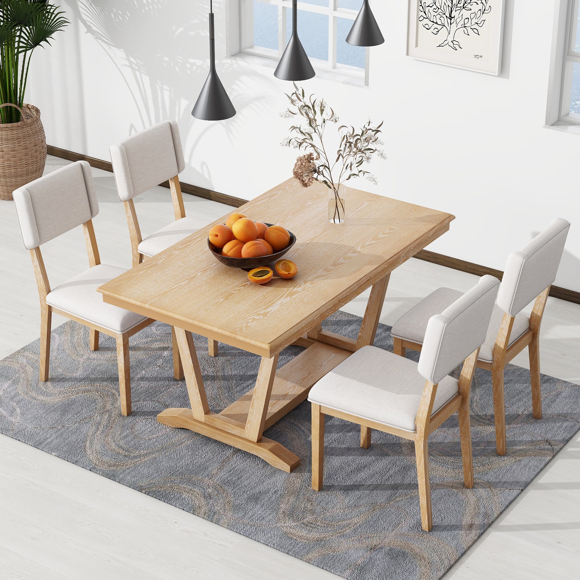 Bellemave 59" Rustic 5-piece Dining Table Set with 4 Upholstered Chairs