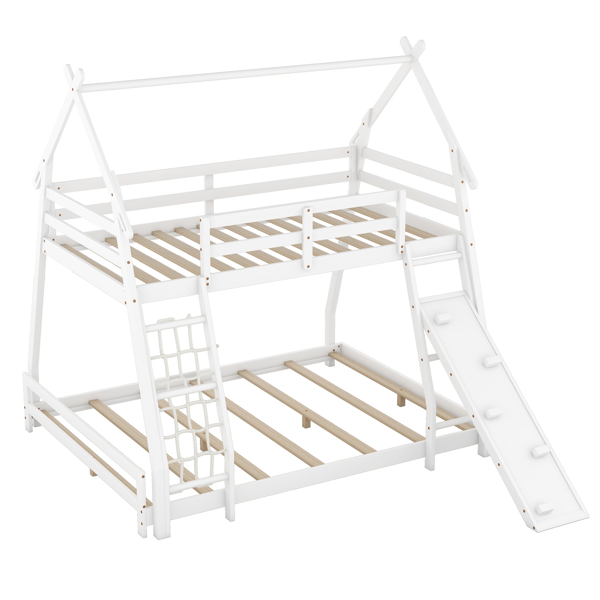 Bellemave® Twin over Queen House Bunk Bed with Climbing Nets and Climbing Ramp Bellemave®
