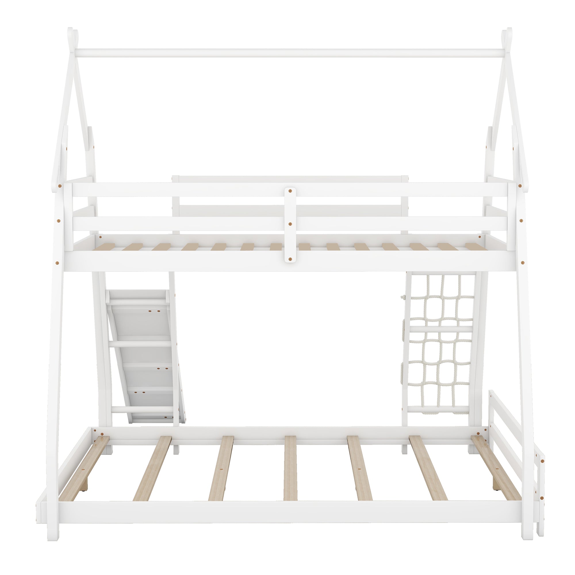 Bellemave® Twin over Queen House Bunk Bed with Climbing Nets and Climbing Ramp Bellemave®