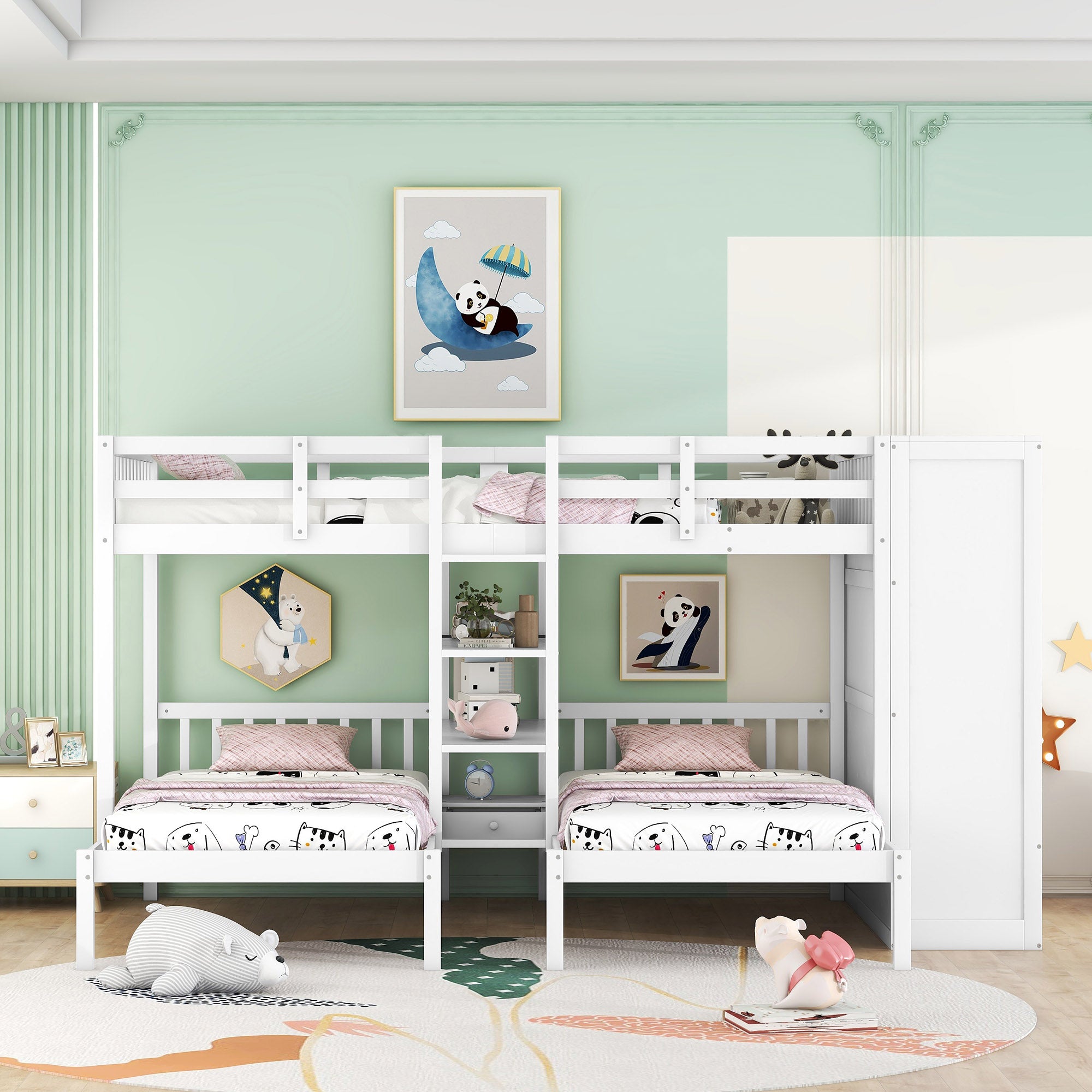 Bellemave® Full over Twin & Twin Bunk Bed with Shelves, Wardrobe and Mirror Bellemave®