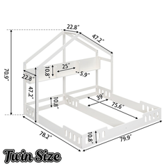 Bellemave® Double House Bed Twin Size Floor Bed with Fence Railings, Wooden Montessori Style Bed Frame for 2 Kids, Two Shared Beds with Shelves , White