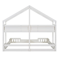 Bellemave® Double House Bed Twin Size Floor Bed with Fence Railings, Wooden Montessori Style Bed Frame for 2 Kids, Two Shared Beds with Shelves , White