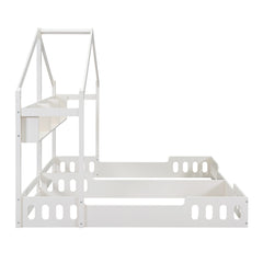 Bellemave® Double House Bed Twin Size Floor Bed with Fence Railings, Wooden Montessori Style Bed Frame for 2 Kids, Two Shared Beds with Shelves , White