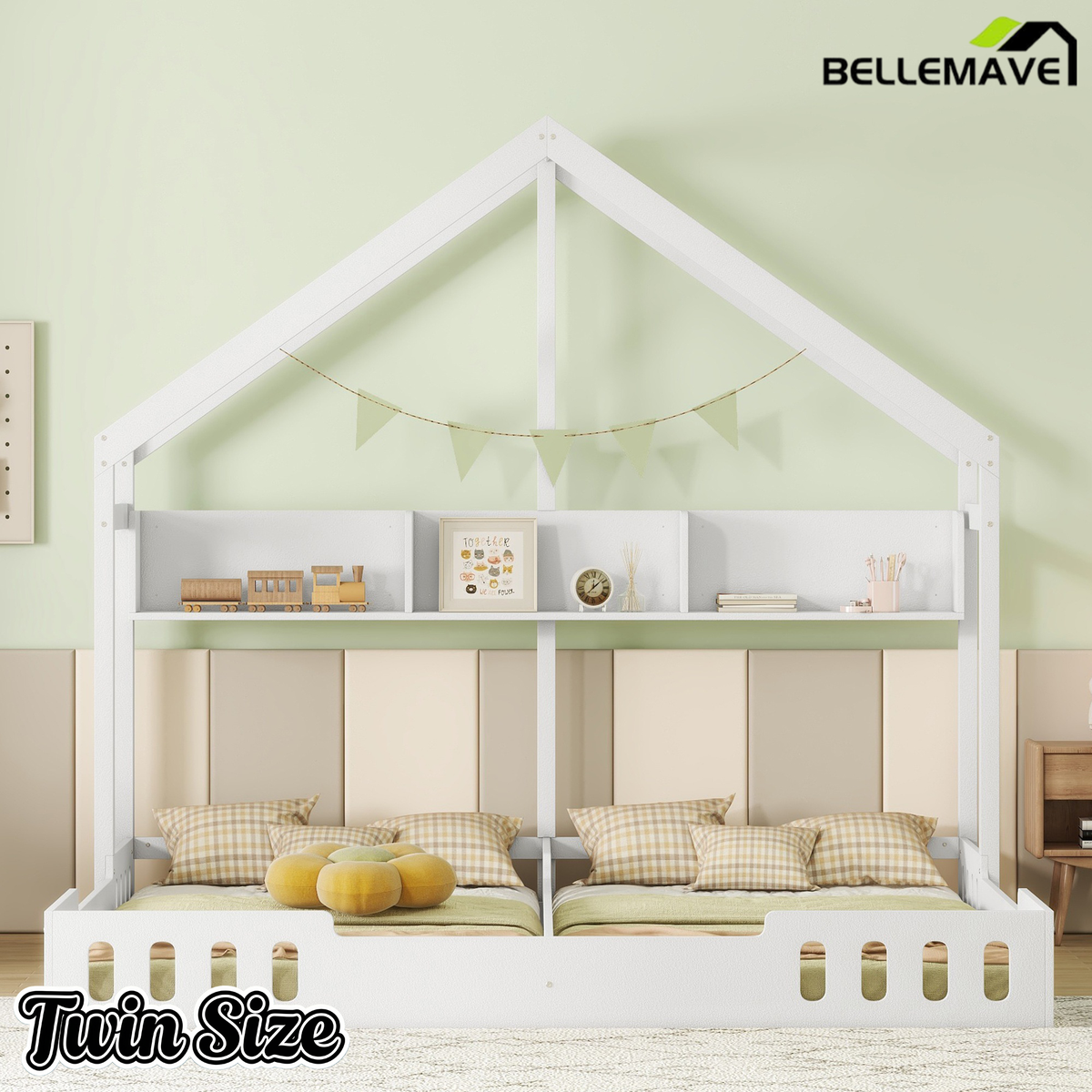 Bellemave® Double House Bed Twin Size Floor Bed with Fence Railings, Wooden Montessori Style Bed Frame for 2 Kids, Two Shared Beds with Shelves , White