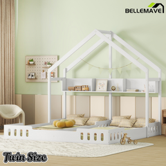 Bellemave® Double House Bed Twin Size Floor Bed with Fence Railings, Wooden Montessori Style Bed Frame for 2 Kids, Two Shared Beds with Shelves , White